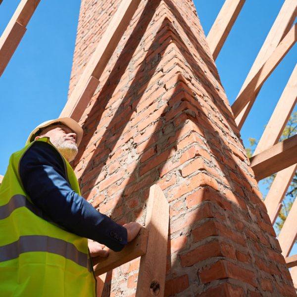 Skilled building engineer standing on ladder looking at roof beams, examining quality of work, planning next stage of building spending time at construction site